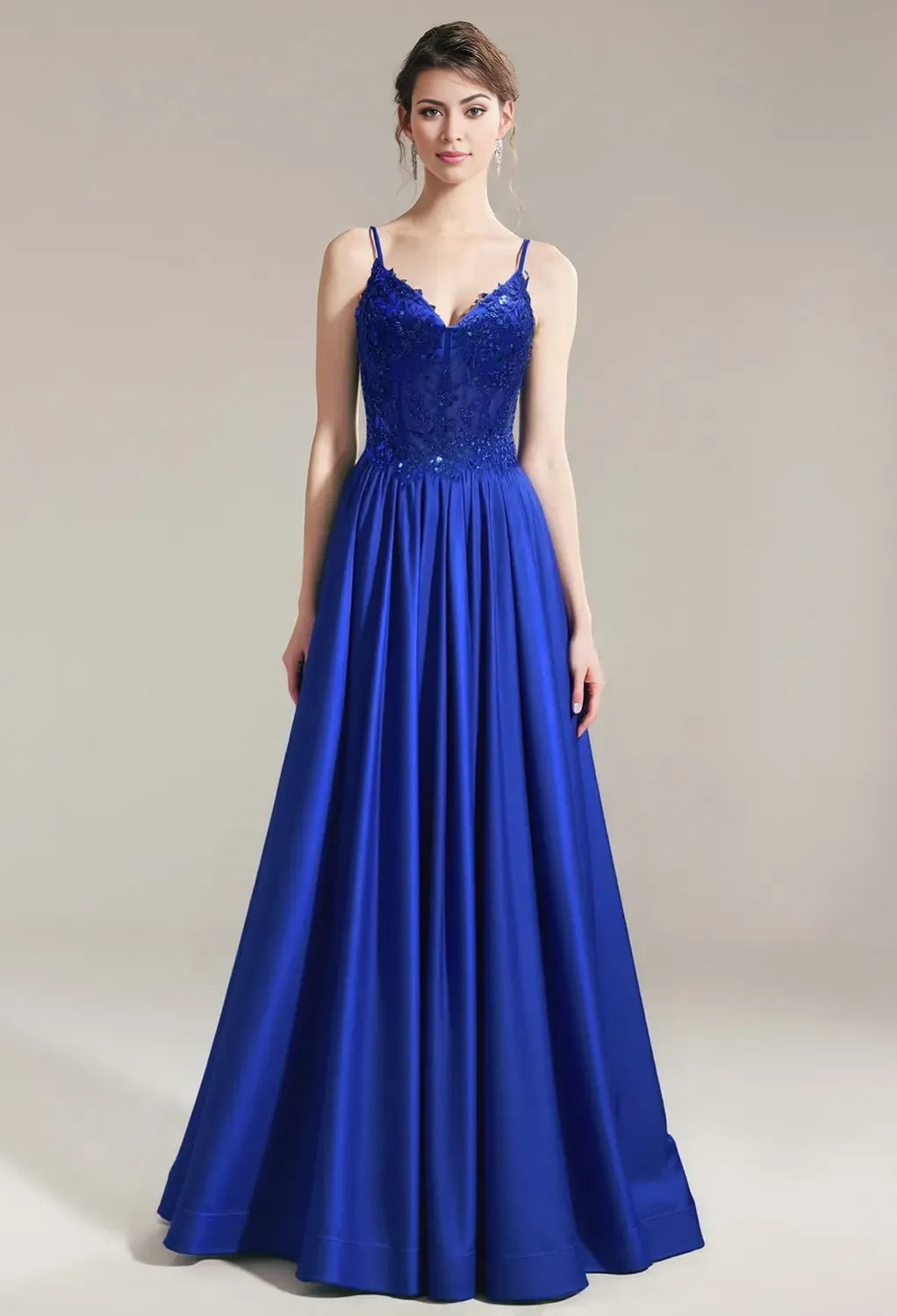 A-line Spaghetti Straps Floor Length Prom Dresses Satin Sleeveless Appliques Off the Shoulder Cheap V Neck Long Gowns